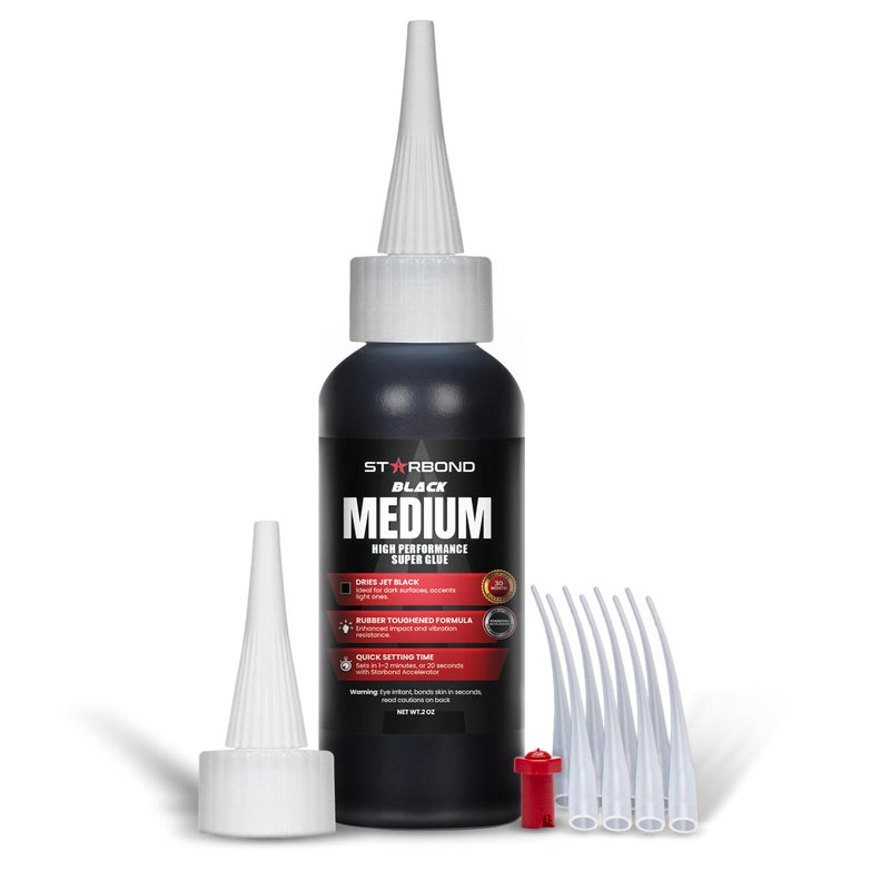Starbond 2 oz. Black Medium CA Glue (Premium Cyanoacrylate Super Glue) Crack Filler 150 CPS Viscosity for Woodworking, Woodturning, Carpentry, Guitar, RC Hobby - Image 1